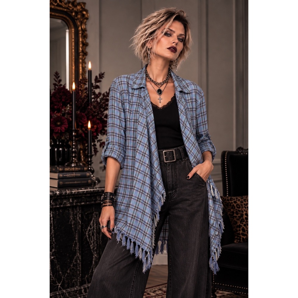 Umgee Womens Large Plaid Fringe Hem Open Front Cardigan Blue Purple Boho Layer